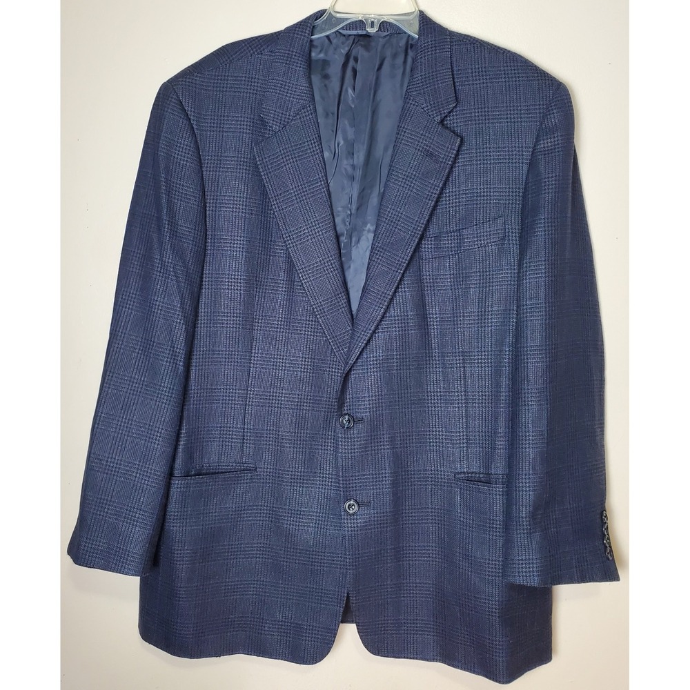 Vintage Hickey Freeman Canterbury Jacket Blazer Navy Blue‎ Houndstooth 46 Long